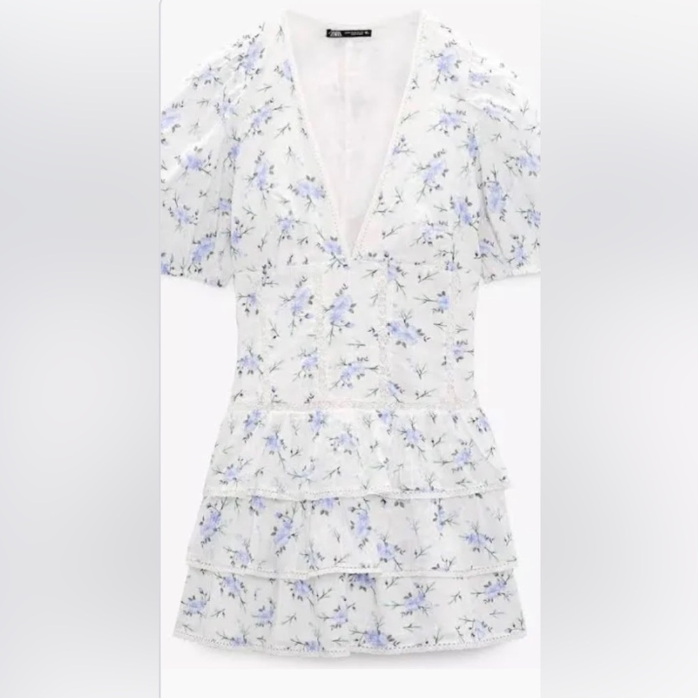 Zara Blue and White Puff Sleeve Mini Sundress